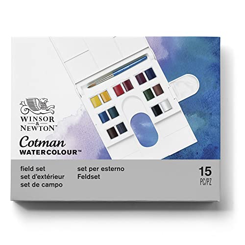 Winsor & Newton Cotman Watercolor Paint Set, Field Set, 14 Half Pans w/ Brush, Mixing Palette