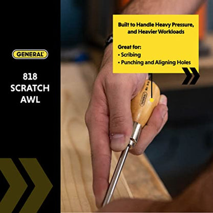 General Tools Scratch Awl Tool with Hardwood Handle - Scribe, Layout Work, & Piercing Wood - Alloy Steel Blade