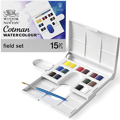 Winsor & Newton Cotman Watercolor Paint Set, Field Set, 14 Half Pans w/ Brush, Mixing Palette