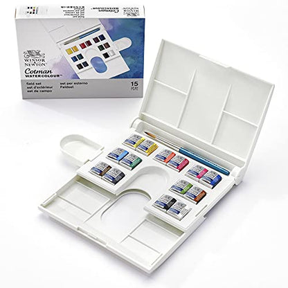 Winsor & Newton Cotman Watercolor Paint Set, Field Set, 14 Half Pans w/ Brush, Mixing Palette