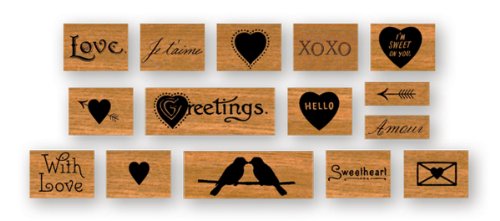 Cavallini Papers Rubber Stamps Set Love Assorted Wooden Rubber Stamps Packaged in a Tin, Set of 15