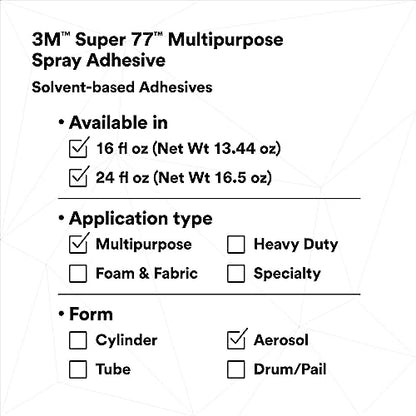 3M Super 77 Multipurpose Permanent Spray Adhesive Glue, Paper, Cardboard, Fabric, Plastic, Metal, Wood, Net Wt 16.75 oz