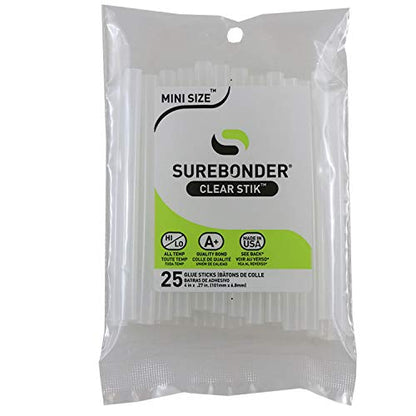 Surebonder "Clear Stik" Hot Glue Sticks for All Temperatures - Mini Size 4" L, 5/16" D - 25 Pack - All Purpose, Made in USA (DT-25)