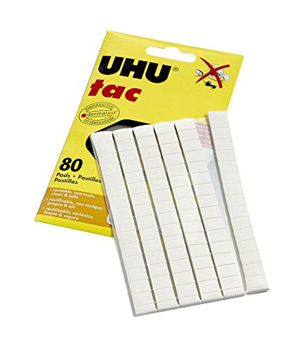 Uhu Tac Removable and Reusable Glue Pads for Fast & Cleanmounting, Non-Toxic, Ideal for Paper and Small Objects, 80 Tac Pads (99683),White (SAU99683)