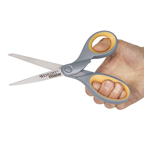 Westcott 13529 8-Inch Straight Titanium Scissors For Office and Home, Yellow/Gray