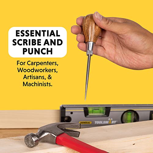 General Tools Scratch Awl Tool with Hardwood Handle - Scribe, Layout Work, & Piercing Wood - Alloy Steel Blade