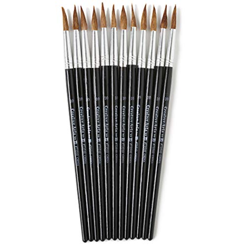 Charles Leonard Water Color Paint Brushes with Round Pointed Tip, # 10, 0.93 Inch, Camel Hair, Black Handle, 12-Pack (73510)