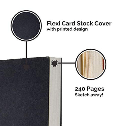 Piccadilly Black Open Bound Sketchbook | Flat-lay Drawing Notebook | Acid & Wood-Free Paper | Medium, 240 pages