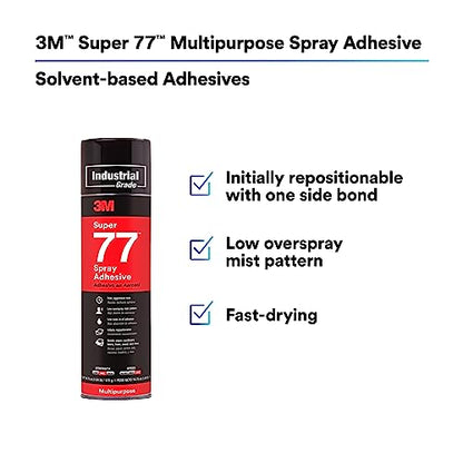 3M Super 77 Multipurpose Permanent Spray Adhesive Glue, Paper, Cardboard, Fabric, Plastic, Metal, Wood, Net Wt 16.75 oz