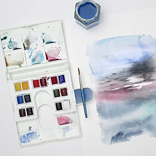 Winsor & Newton Cotman Watercolor Paint Set, Field Set, 14 Half Pans w/ Brush, Mixing Palette