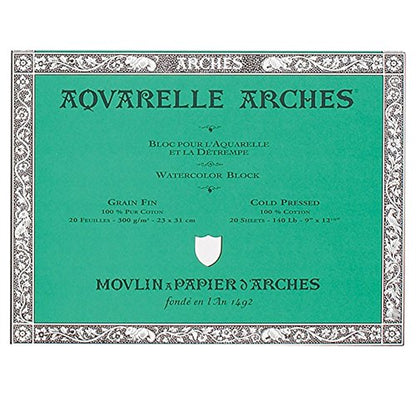 ARCHES 18 x 26 cm 300 GSM Cold Pressed Glued on 4 Sides Block Watercolour Paper - Natural White (Pack of 20 Sheets)