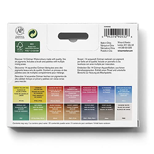 Winsor & Newton Cotman Watercolor Paint Set, Field Set, 14 Half Pans w/ Brush, Mixing Palette