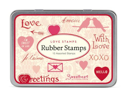 Cavallini Papers Rubber Stamps Set Love Assorted Wooden Rubber Stamps Packaged in a Tin, Set of 15