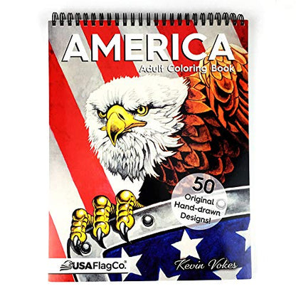 America Adult Coloring Book - 50 Hand Drawn American Designs Printed on Artist Paper, Thick Covers, Top Spiral Bound, Perforated Pages, and Blotter Page by USA Flag Co.