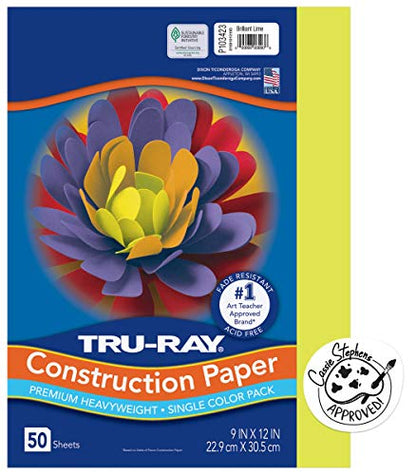 Tru-Ray Heavyweight Construction Paper, Brilliant Lime, 9" x 12", 50 Sheets