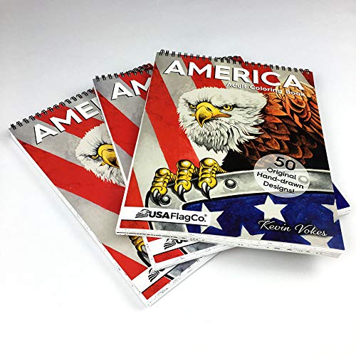 America Adult Coloring Book - 50 Hand Drawn American Designs Printed on Artist Paper, Thick Covers, Top Spiral Bound, Perforated Pages, and Blotter Page by USA Flag Co.