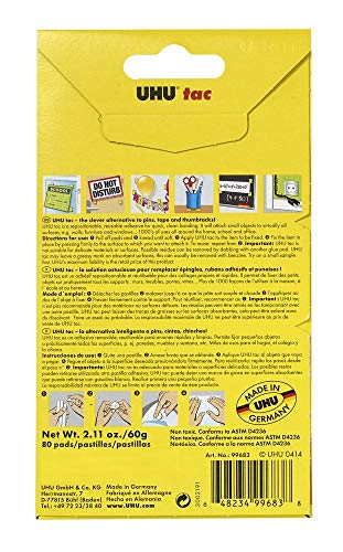 Uhu Tac Removable and Reusable Glue Pads for Fast & Cleanmounting, Non-Toxic, Ideal for Paper and Small Objects, 80 Tac Pads (99683),White (SAU99683)