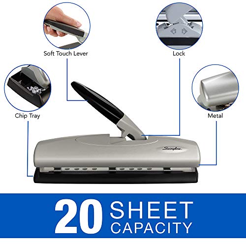 Swingline Desktop Hole Punch, 2-7 Holes Adjustable, 20 Sheet Capacity, Light Touch Low Effort Paper Punch, Black/Silver (74030)