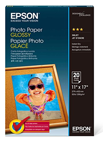 Epson S041156 Glossy Photo Paper, 52 lbs., Glossy, 11 x 17 (Pack of 20 Sheets),White