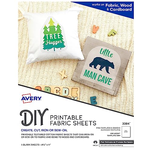 Avery Printable Fabric Sheets, 8.5" x 11", Inkjet Printer, 5 Iron On Transfer Sheets (3384)