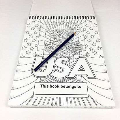 America Adult Coloring Book - 50 Hand Drawn American Designs Printed on Artist Paper, Thick Covers, Top Spiral Bound, Perforated Pages, and Blotter Page by USA Flag Co.