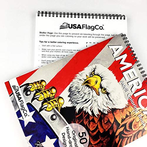 America Adult Coloring Book - 50 Hand Drawn American Designs Printed on Artist Paper, Thick Covers, Top Spiral Bound, Perforated Pages, and Blotter Page by USA Flag Co.