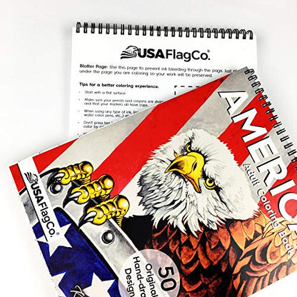 America Adult Coloring Book - 50 Hand Drawn American Designs Printed on Artist Paper, Thick Covers, Top Spiral Bound, Perforated Pages, and Blotter Page by USA Flag Co.